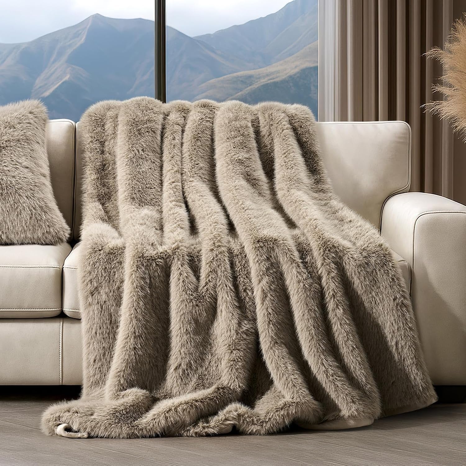 HOME Luxury Faux Fur Throw Blanket, 50"X60", Natural Mink | Fluffy Faux Mink Blanket, Soft Cozy Plush, Thick Warm Winter Throw, Velvety Reverse, 870GSM, for Couch, Bed, Sofa, Chair