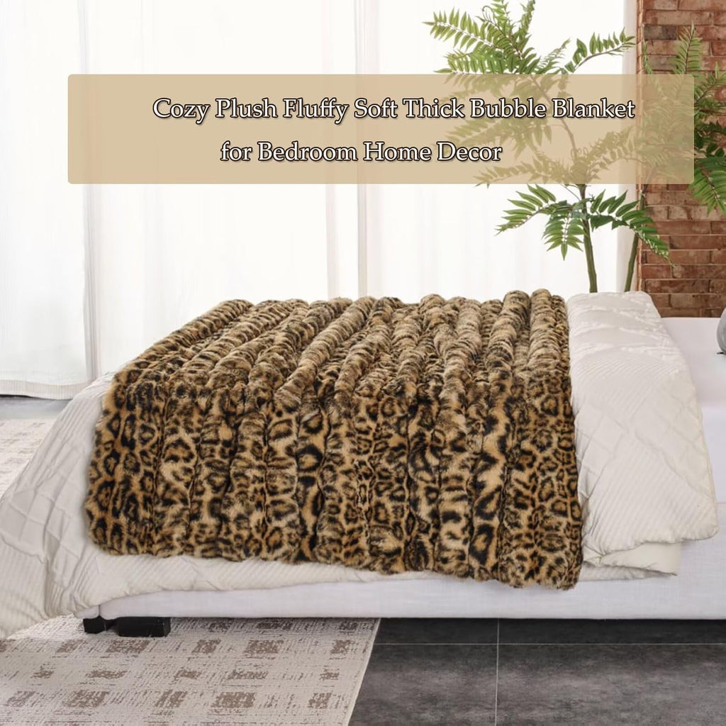760GSM Faux Rabbit Faux Fur Throw Blanket,Super Thick Warm Bubble Blanket Throw,Fuzzy Luxury Plush Decorative Blanket for Couch Bed Sofa(Leopard Brown,80''X 90'')
