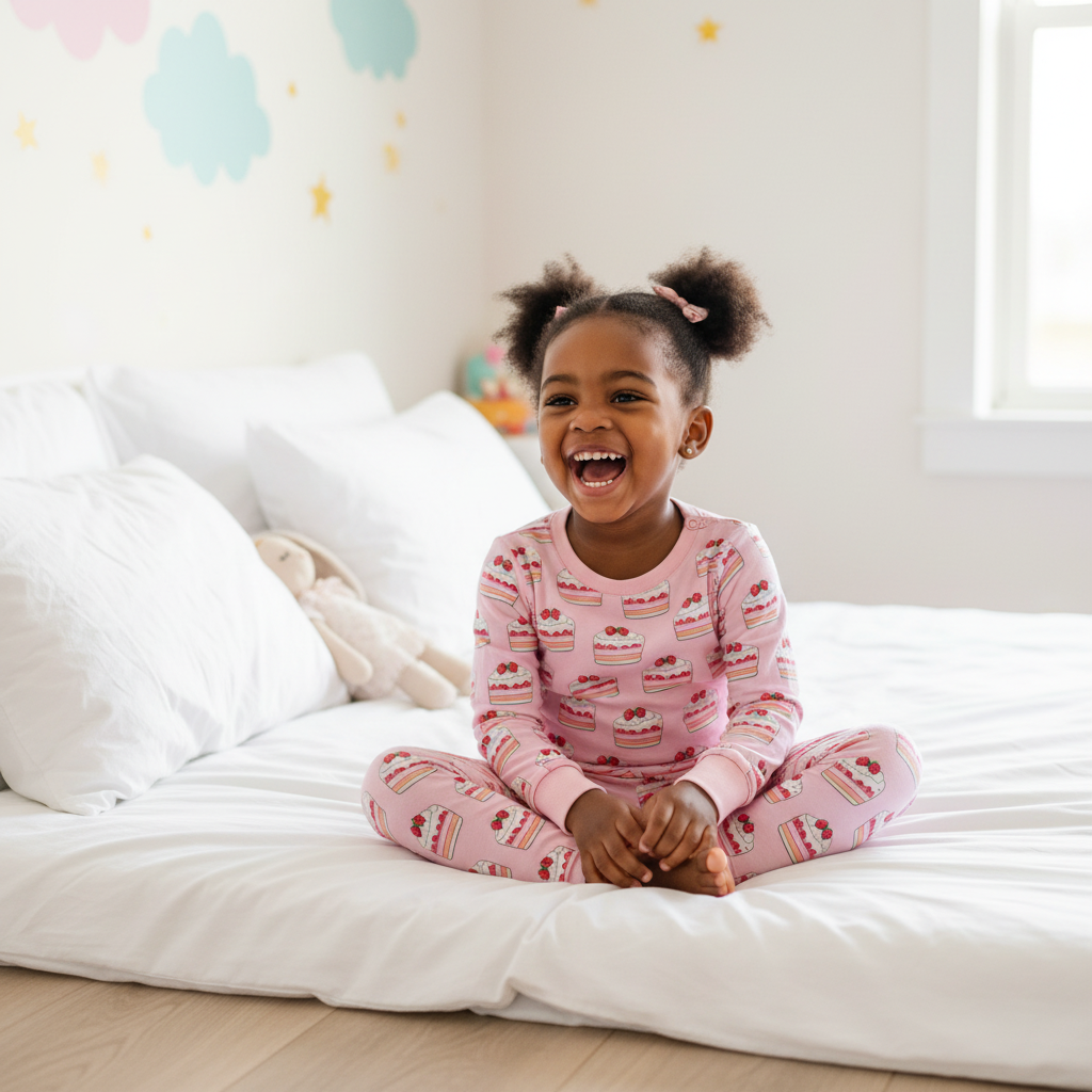 Black girl in strawberry cake pink pajama set