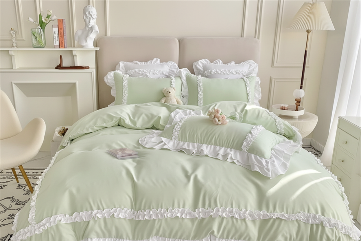 Chic Ruffled Duvet Cover Set - Sage Green Lifestyle