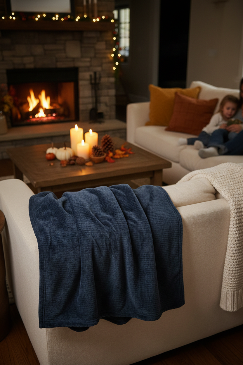 Cozy living room with navy flannel heated blanket on couch, fireplace glowing, fall decor