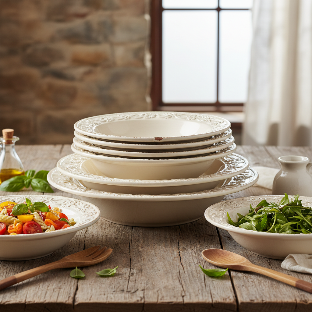 Ceramic pasta bowls stacked front view
