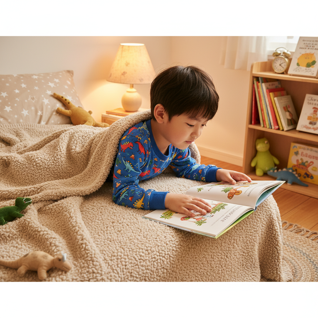 Asian boy in dinosaur world blue pajama set