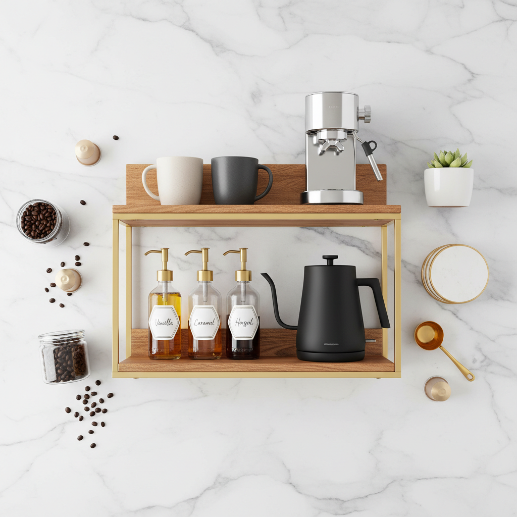 Coffee bar shelf flat lay