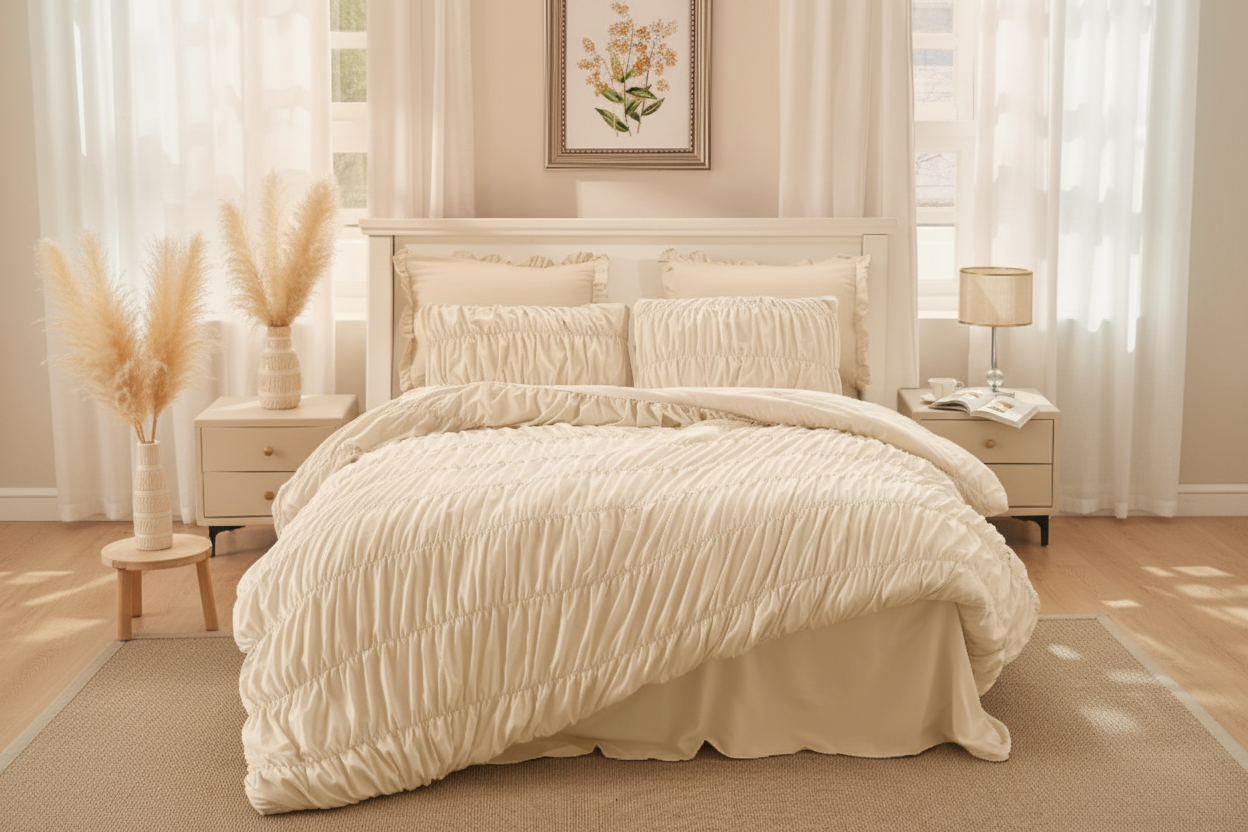Beige Ruched Comforter Set - Golden Hour