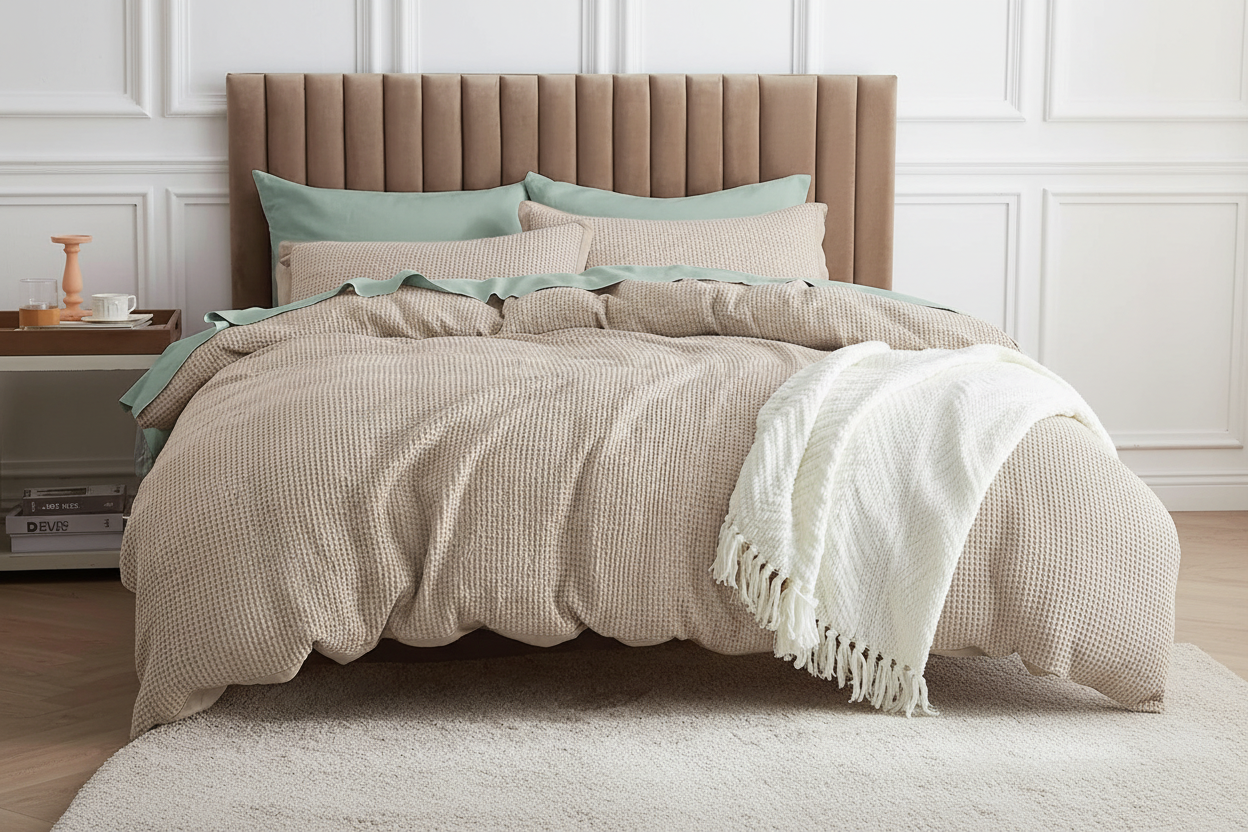 Khaki Waffle Comforter Set - Foot-of-Bed Angle