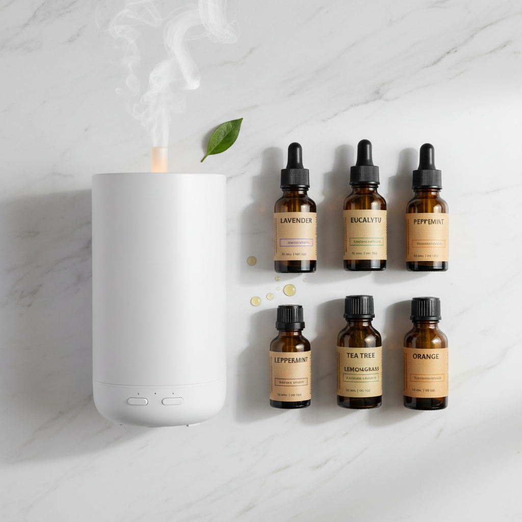 Electric diffuser with essential oils flat lay