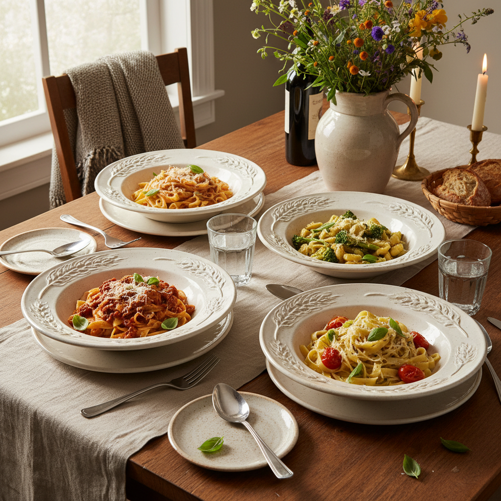 Ceramic pasta bowls with pasta dish