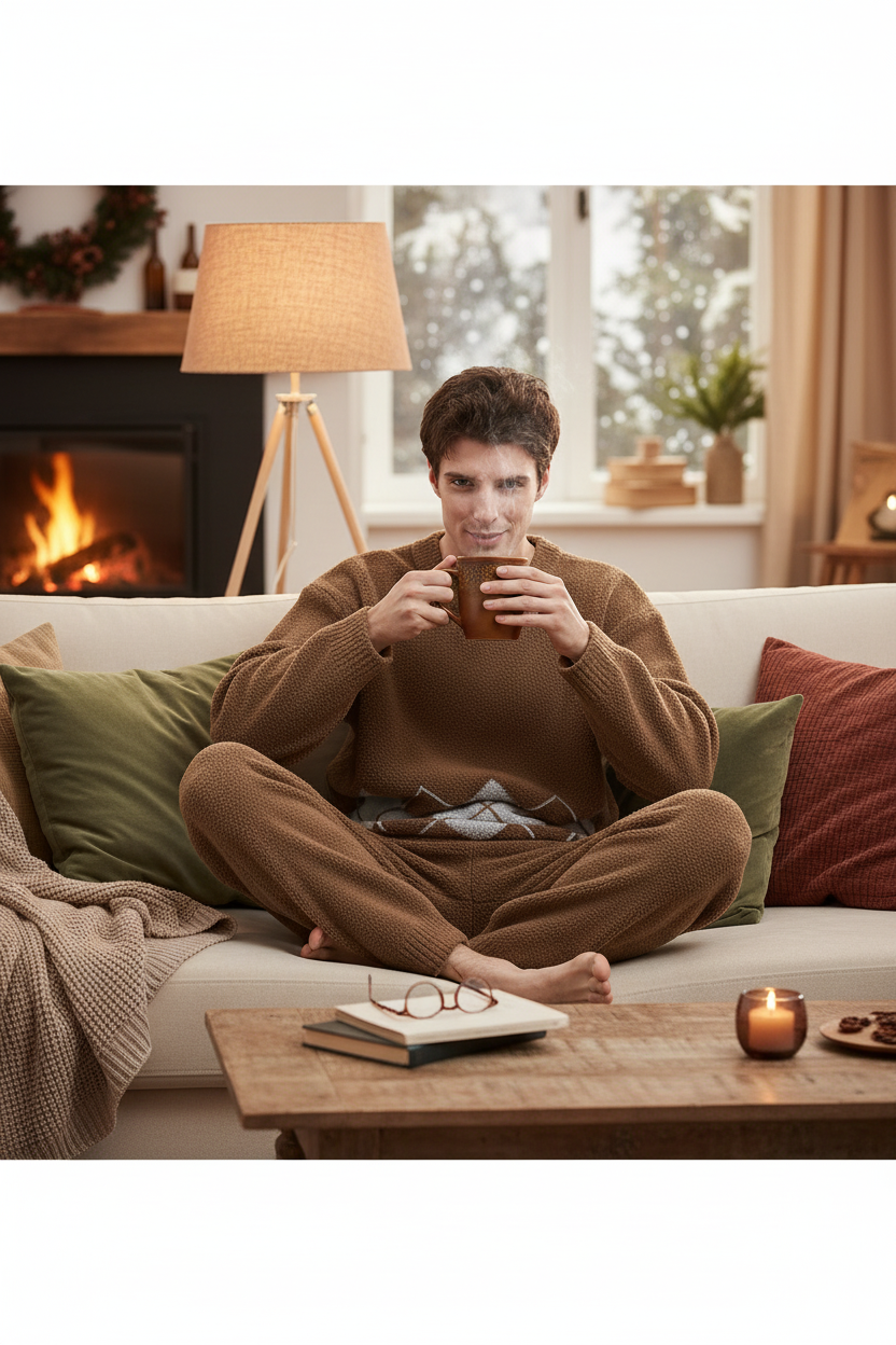 Men's Fleece Pajama Set - Lifestyle Sitting