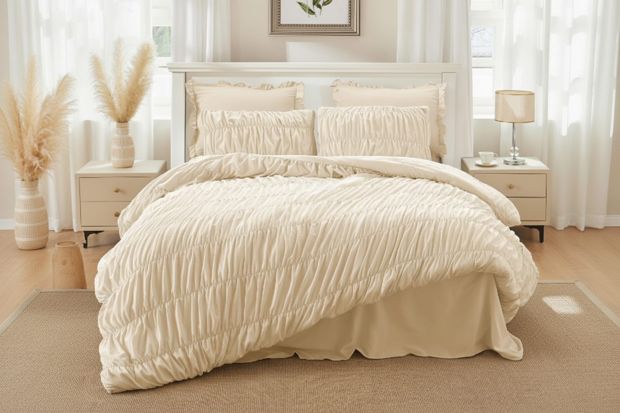 Beige Ruched Comforter Set - Lifestyle
