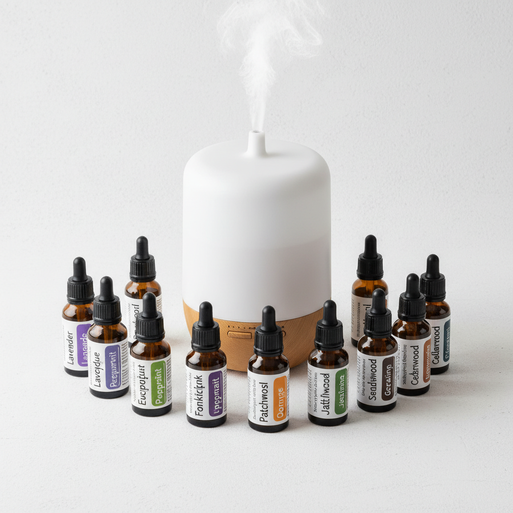 550ml diffuser flat lay with oils