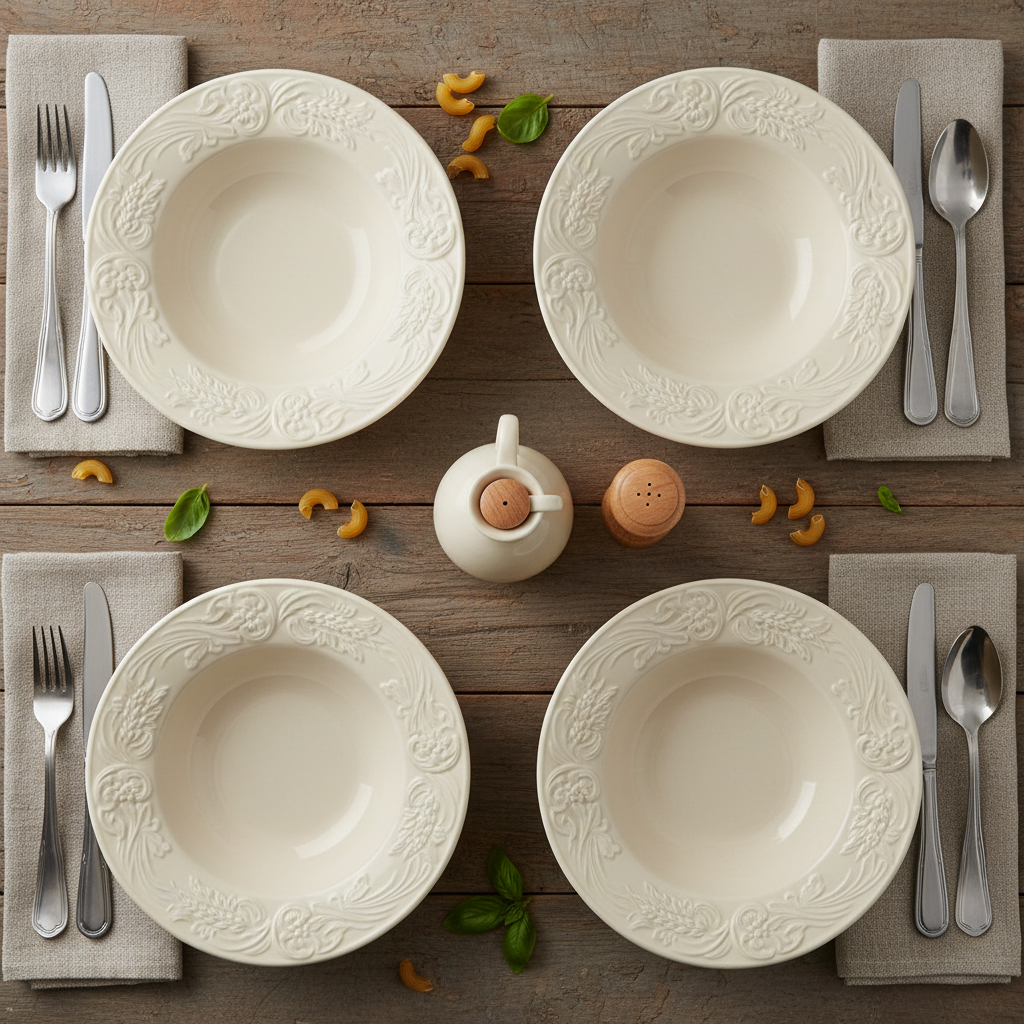 Ceramic pasta bowls flat lay