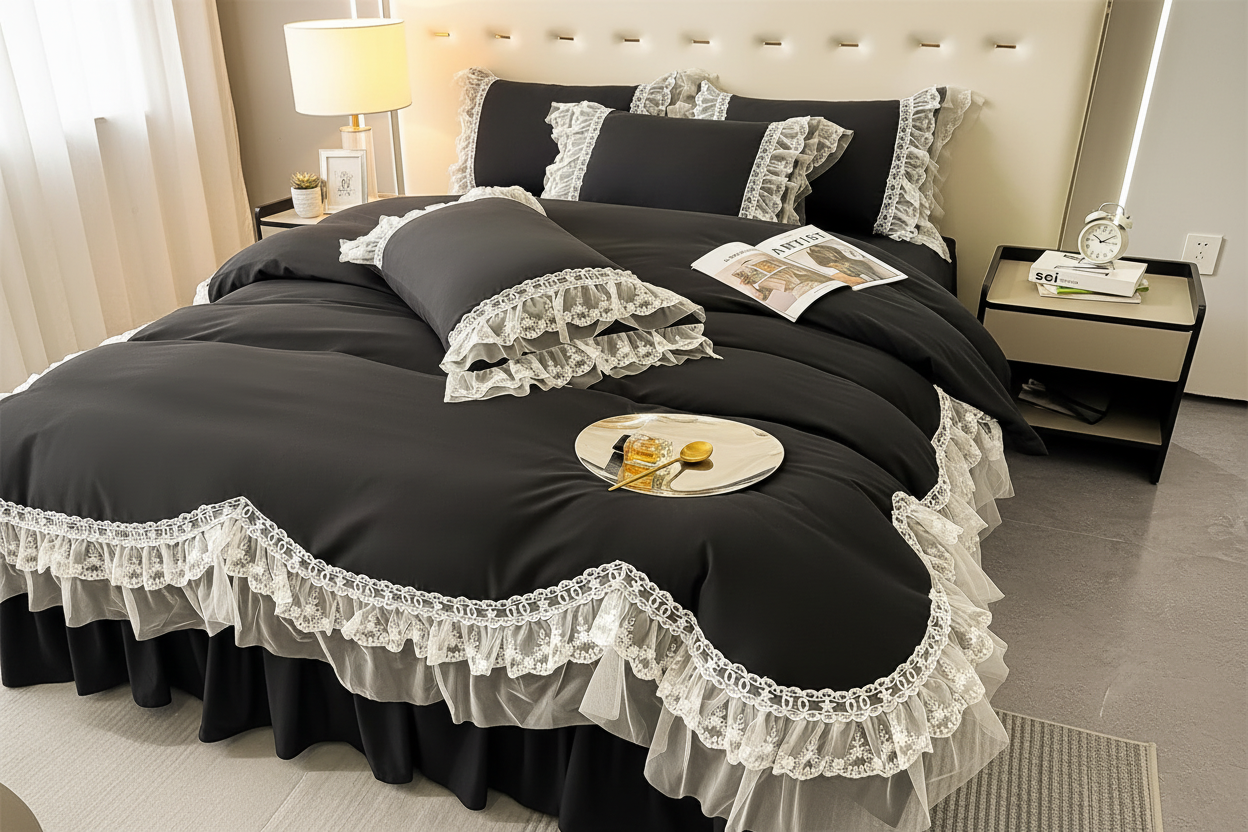 Black Lace Ruffle Duvet Cover Set - Lifestyle