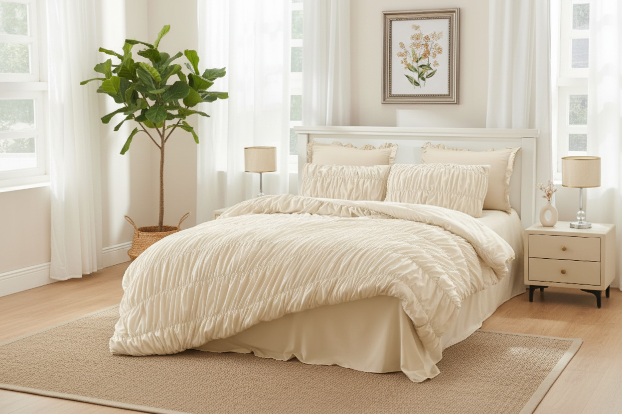 Beige Ruched Comforter Set - Overhead View