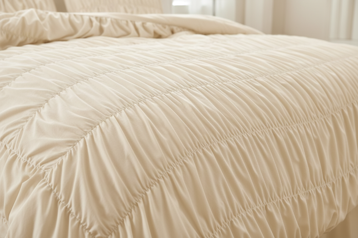 Beige Ruched Comforter Set - Close-up Texture
