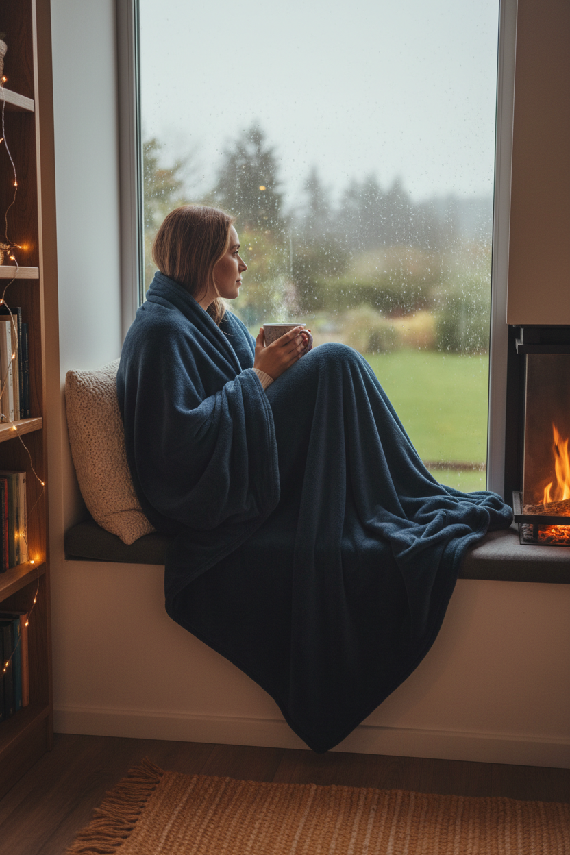 Woman on window seat wrapped in navy flannel heated blanket, rainy day, hot cocoa in hand