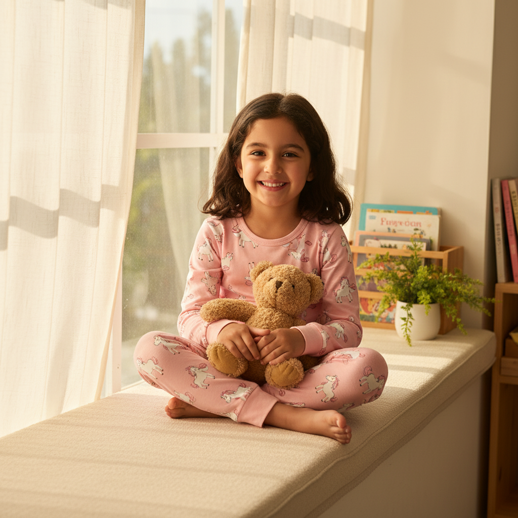 Middle Eastern girl in pony polly pink pajama set