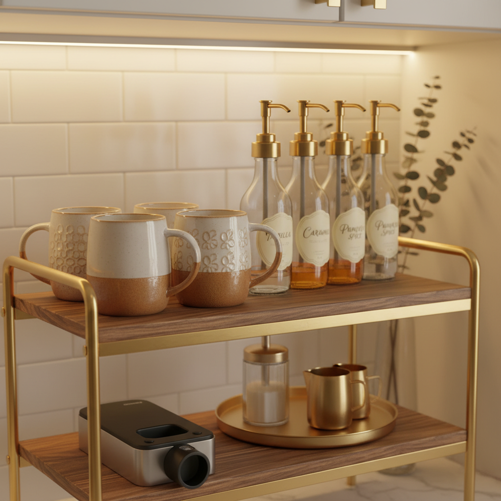 Coffee bar shelf top tier close-up