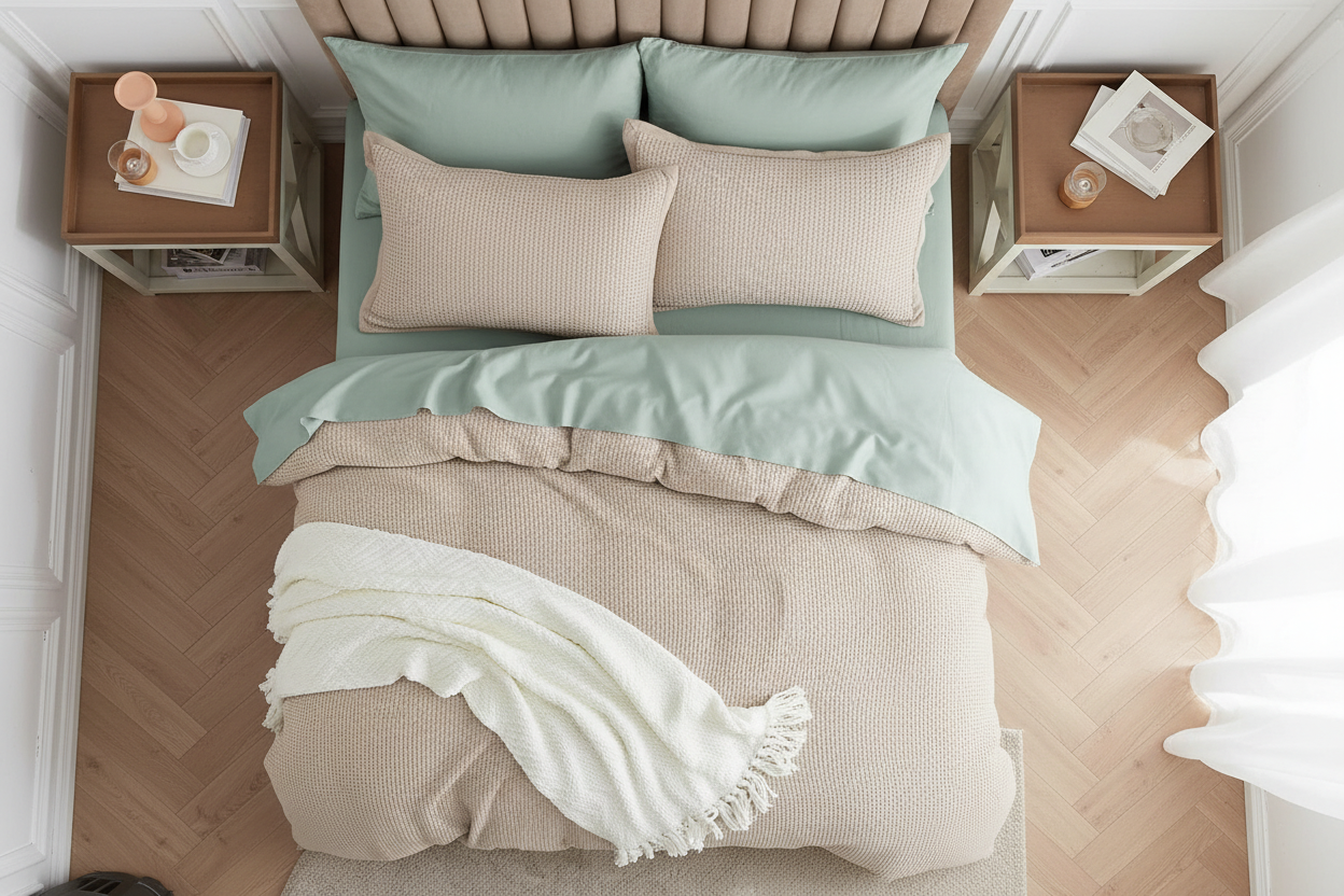 Khaki Waffle Comforter Set - Aerial Top-Down View