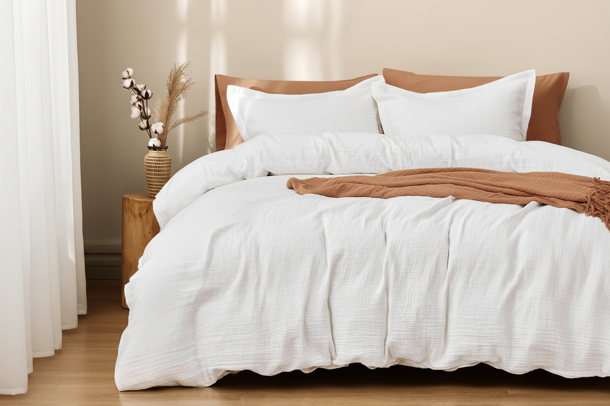 White Muslin Duvet Cover - Side Angle Lifestyle