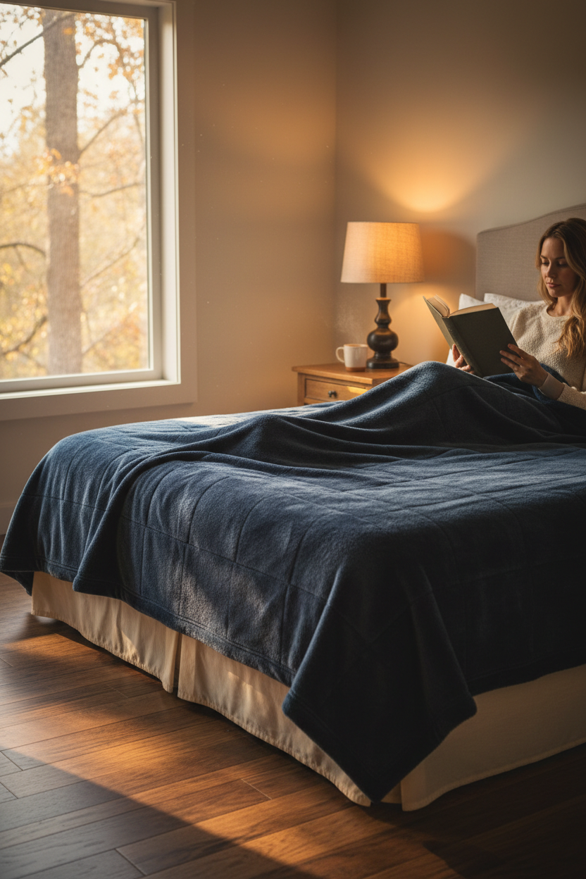 Person reading a book in bed wrapped in navy flannel heated blanket, warm bedside lamp, autumn morning
