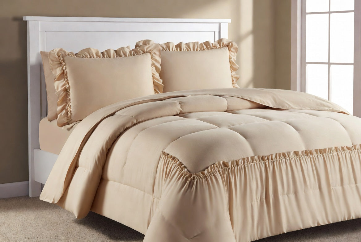 Dintszyayue Soft Shabby Chic Beige Queen Ruffle Comforter Bedding