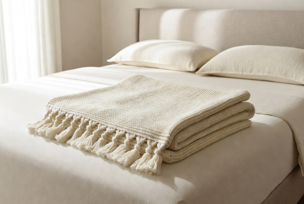 HommxJF Off-White Knitted Throw Blanket with Tassels