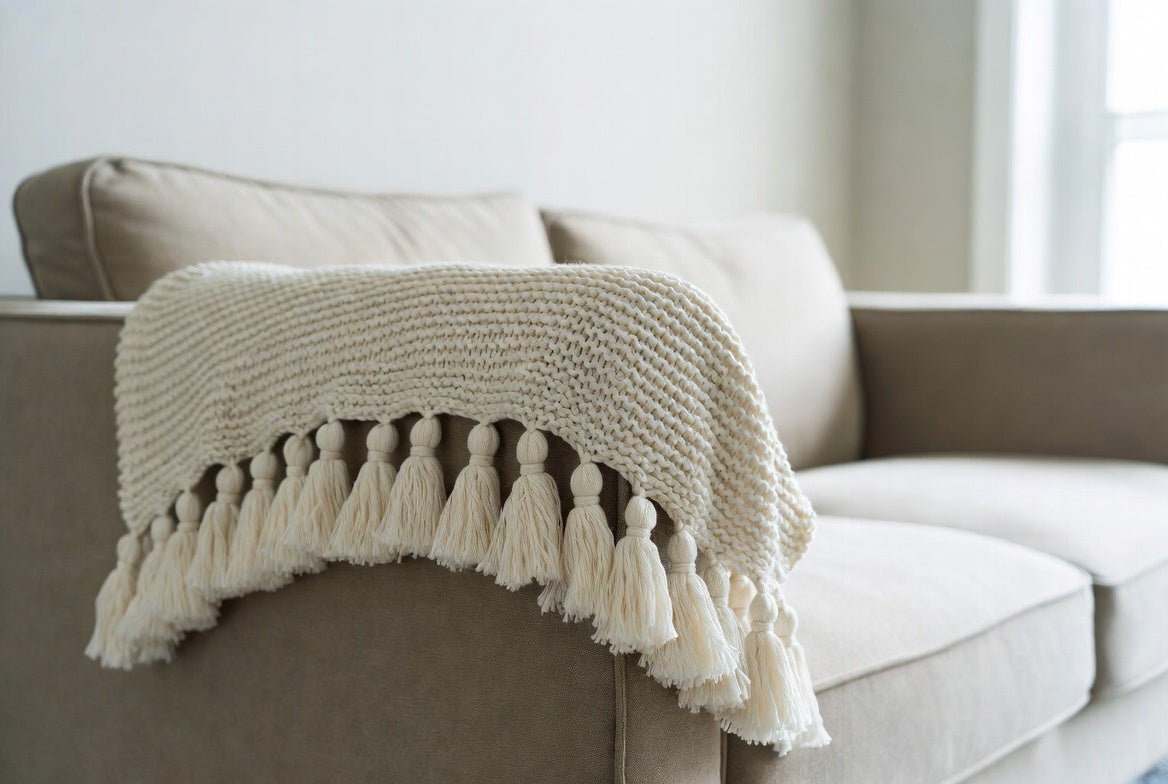 HommxJF Off-White Knitted Throw Blanket with Tassels