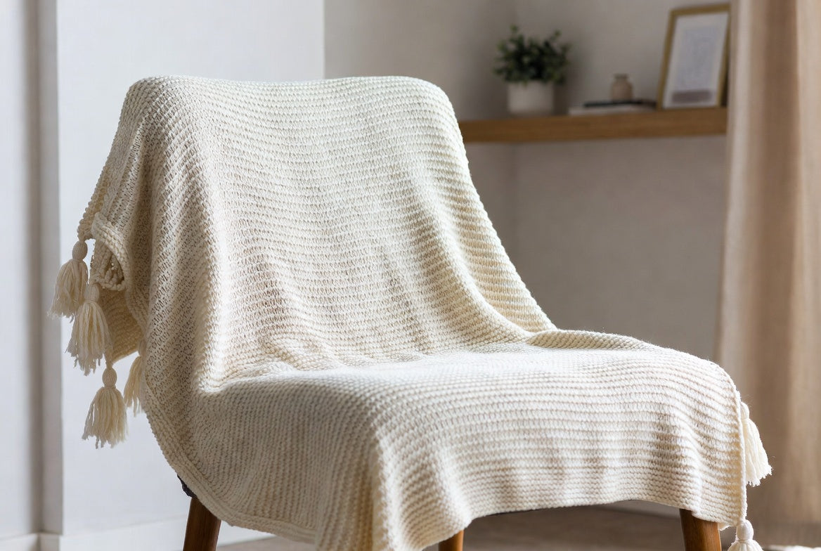 HommxJF Off-White Knitted Throw Blanket with Tassels